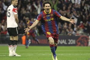 Lionel Messi celebrates scoring Barca's second goal